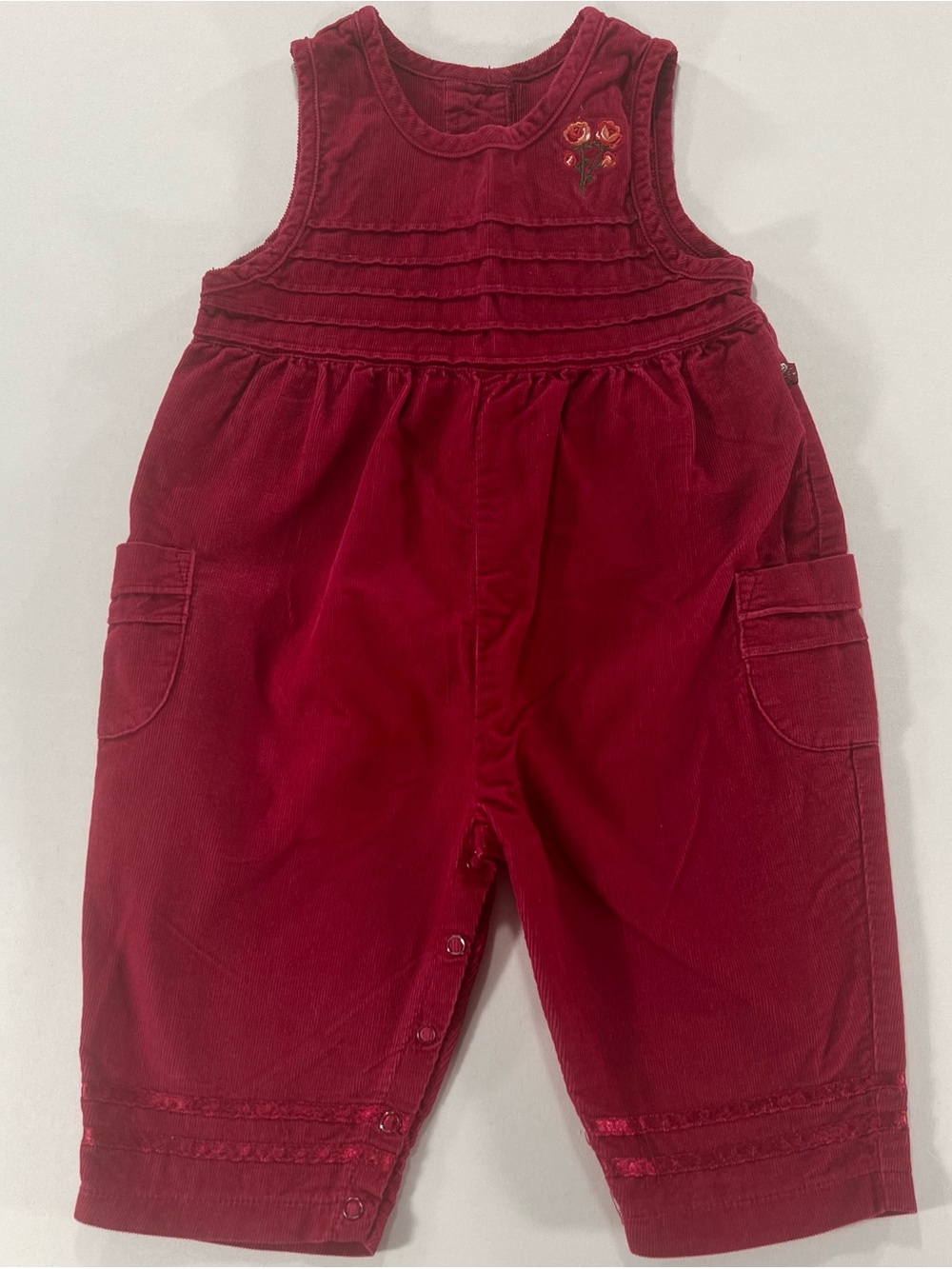Vintage 90s McKids Corduroy Romper 12M Burgundy Embroidered Baby One Piece